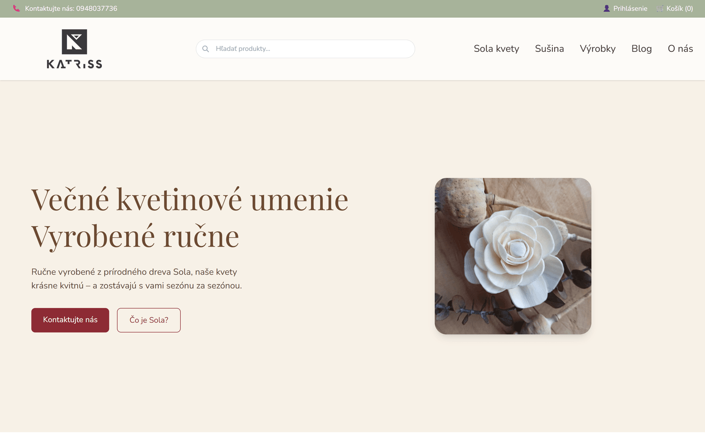 Katriss homepage showing the handmade Sola flower hero section