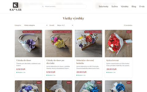 Katriss product listing page with category filter, sorting and product cards