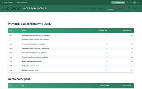 SebiDent published price list page