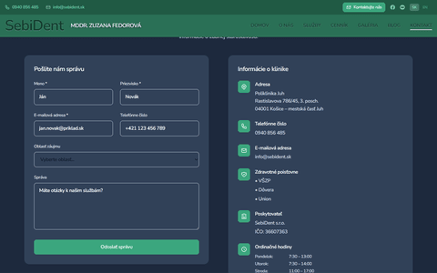 SebiDent contact page with enquiry form and map