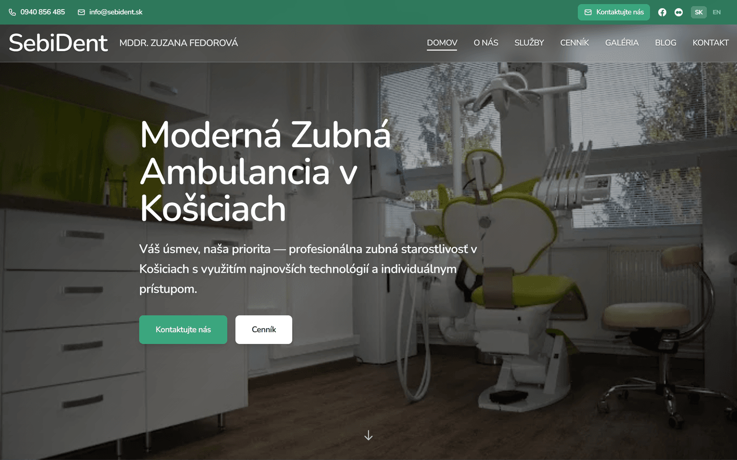SebiDent homepage in Slovak showing the clinic hero section